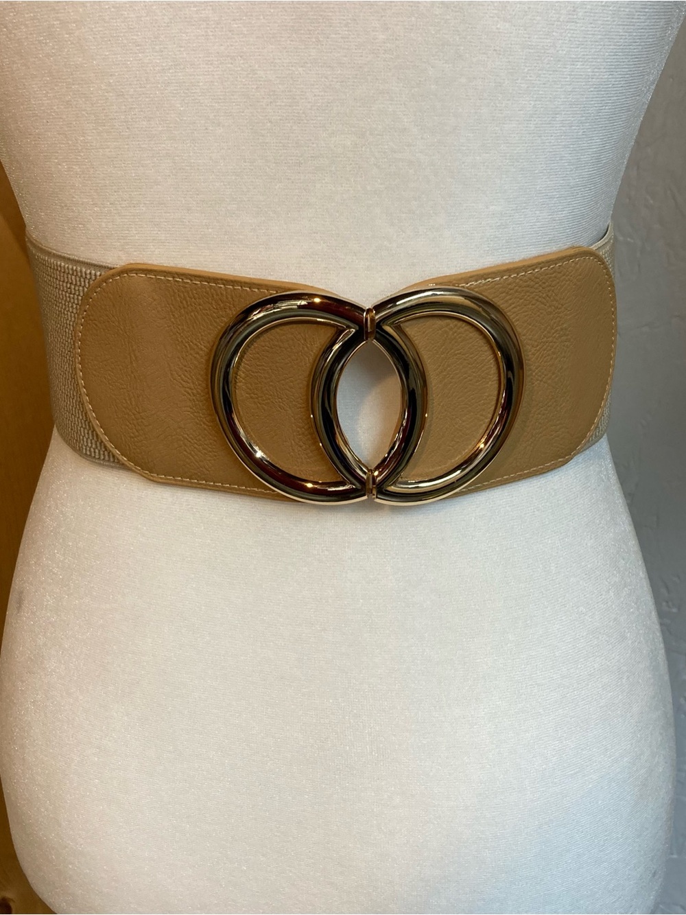 Wide Tan Elastic Belt with Double Gold Rings Fits 26-28” Waist 3” Wide